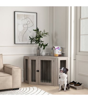 PawHut Dog Crate Furniture for Large Dogs w/ Cushion, Door - Walnut Brown