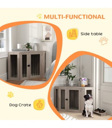 PawHut Dog Crate Furniture for Large Dogs w/ Cushion, Door - Walnut Brown