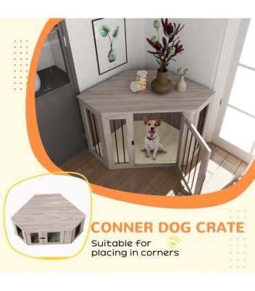 PawHut Dog Crate Furniture for Large Dogs w/ Cushion, Door - Walnut Brown