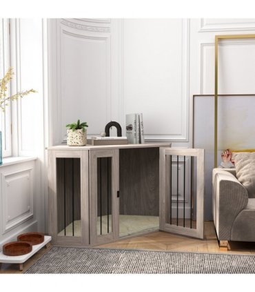 PawHut Dog Crate Furniture for Large Dogs w/ Cushion, Door - Walnut Brown