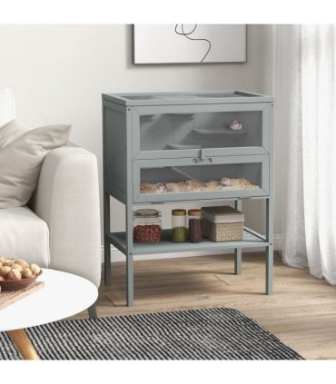 PawHut Wooden Hamster Cage w/ Storage Shelf, Openable Top for Gerbils, Grey