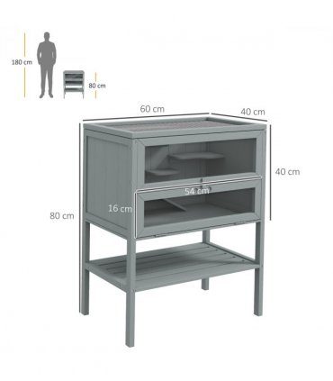 PawHut Wooden Hamster Cage w/ Storage Shelf, Openable Top for Gerbils, Grey