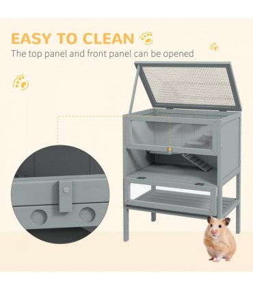 PawHut Wooden Hamster Cage w/ Storage Shelf, Openable Top for Gerbils, Grey