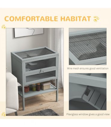 PawHut Wooden Hamster Cage w/ Storage Shelf, Openable Top for Gerbils, Grey