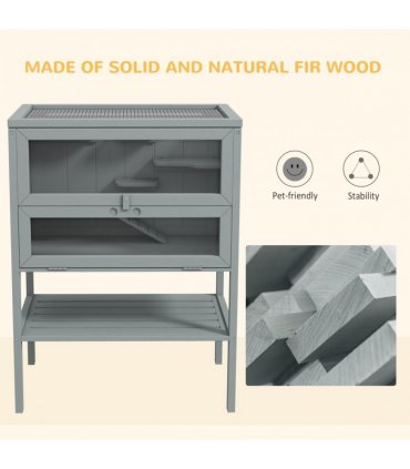 PawHut Wooden Hamster Cage w/ Storage Shelf, Openable Top for Gerbils, Grey