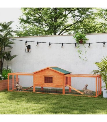 PawHut Wooden Rabbit Hutch Guinea Pig Hutch, Orange, 309 x 70 x 87cm