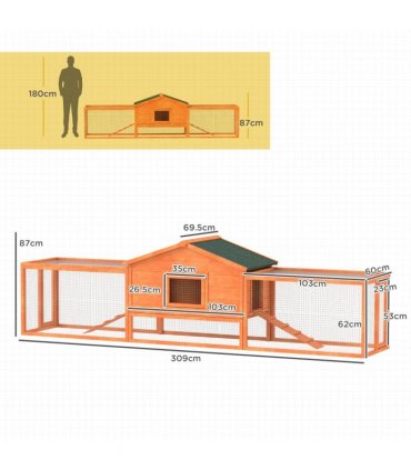 PawHut Wooden Rabbit Hutch Guinea Pig Hutch, Orange, 309 x 70 x 87cm