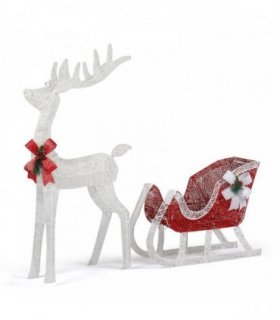 4ft Lighted Christmas Reindeer & Sleigh Outdoor Yard Decoration Set with LED Lights, Red & White