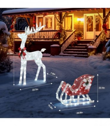 4ft Lighted Christmas Reindeer & Sleigh Outdoor Yard Decoration Set with LED Lights, Red & White