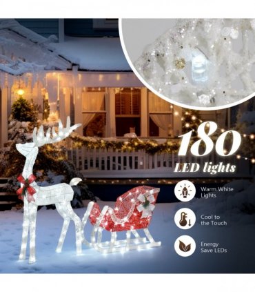 4ft Lighted Christmas Reindeer & Sleigh Outdoor Yard Decoration Set with LED Lights, Red & White