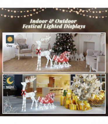 4ft Lighted Christmas Reindeer & Sleigh Outdoor Yard Decoration Set with LED Lights, Red & White
