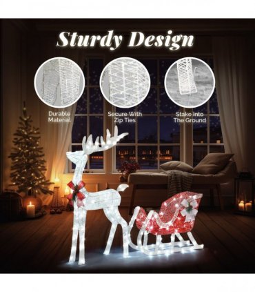4ft Lighted Christmas Reindeer & Sleigh Outdoor Yard Decoration Set with LED Lights, Red & White