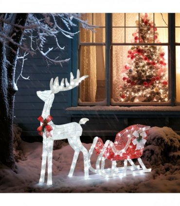 4ft Lighted Christmas Reindeer & Sleigh Outdoor Yard Decoration Set with LED Lights, Red & White