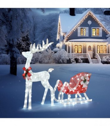 4ft Lighted Christmas Reindeer & Sleigh Outdoor Yard Decoration Set with LED Lights, Red & White