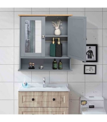 2 Mirror Door 1 Storage Layer MDF Spray Paint Bathroom Wall Cabinet Gray