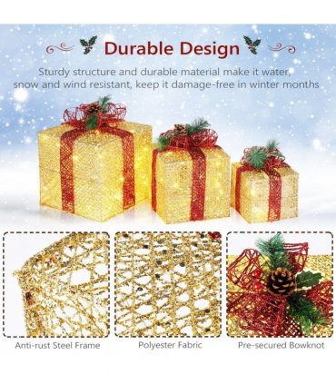 3pcs 10 Inch-8 Inch-6 Inch Golden Gift Box Garden Gift Box Decoration 5M Long Power Cord UK Gauge