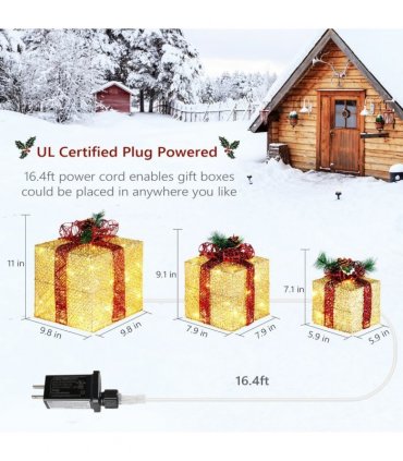3pcs 10 Inch-8 Inch-6 Inch Golden Gift Box Garden Gift Box Decoration 5M Long Power Cord UK Gauge