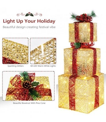 3pcs 10 Inch-8 Inch-6 Inch Golden Gift Box Garden Gift Box Decoration 5M Long Power Cord UK Gauge
