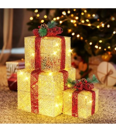 3pcs 10 Inch-8 Inch-6 Inch Golden Gift Box Garden Gift Box Decoration 5M Long Power Cord UK Gauge