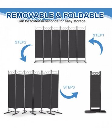 5.74FT 6-Fold Top With Shape 130g Polyester Cloth Plastic Feet Carbon Steel Frame Foldable Screen Black