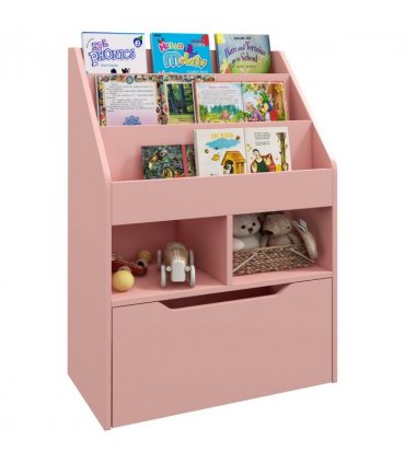 HOMCOM Kids Bookcase, Toy Box w/ Storage Drawer, Wheels for Bedroom - Pink