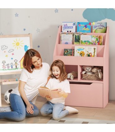 HOMCOM Kids Bookcase, Toy Box w/ Storage Drawer, Wheels for Bedroom - Pink