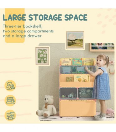 HOMCOM Kids Bookcase, Toy Box w/ Storage Drawer, Wheels for Bedroom - Pink