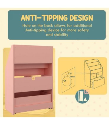HOMCOM Kids Bookcase, Toy Box w/ Storage Drawer, Wheels for Bedroom - Pink