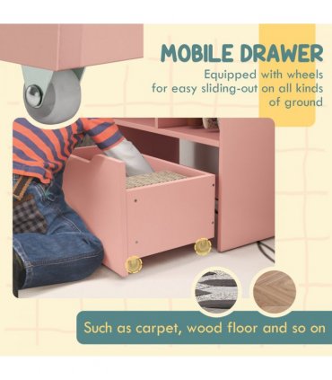 HOMCOM Kids Bookcase, Toy Box w/ Storage Drawer, Wheels for Bedroom - Pink