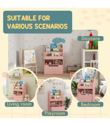 HOMCOM Kids Bookcase, Toy Box w/ Storage Drawer, Wheels for Bedroom - Pink