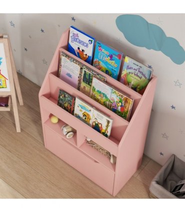 HOMCOM Kids Bookcase, Toy Box w/ Storage Drawer, Wheels for Bedroom - Pink