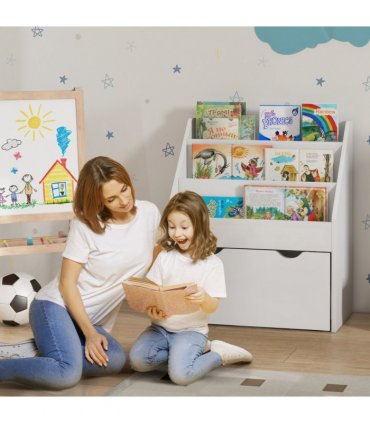 AIYAPLAY Kids Bookcase w/ 3 Tier Shelves, Drawer, for Bedroom, Nursery, White