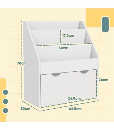 AIYAPLAY Kids Bookcase w/ 3 Tier Shelves, Drawer, for Bedroom, Nursery, White