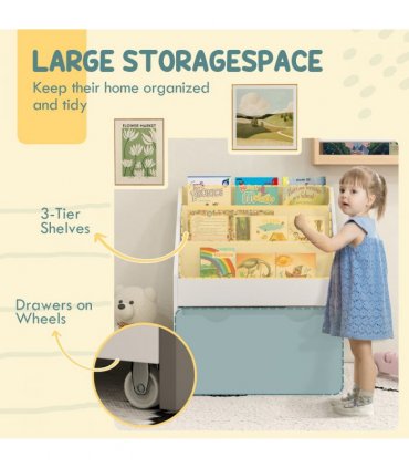 AIYAPLAY Kids Bookcase w/ 3 Tier Shelves, Drawer, for Bedroom, Nursery, White