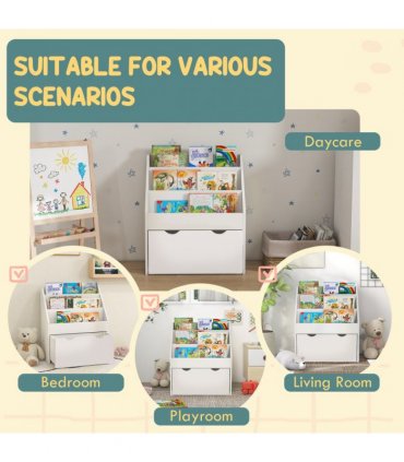 AIYAPLAY Kids Bookcase w/ 3 Tier Shelves, Drawer, for Bedroom, Nursery, White