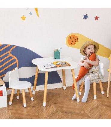 HOMCOM 3 Piece Kids Table and Chair Set with 2 Bear-shaped Chairs, White
