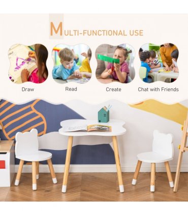 HOMCOM 3 Piece Kids Table and Chair Set with 2 Bear-shaped Chairs, White
