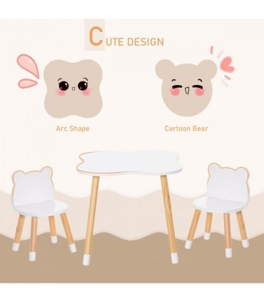 HOMCOM 3 Piece Kids Table and Chair Set with 2 Bear-shaped Chairs, White