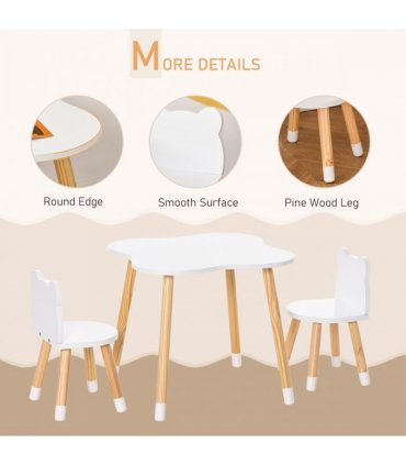 HOMCOM 3 Piece Kids Table and Chair Set with 2 Bear-shaped Chairs, White