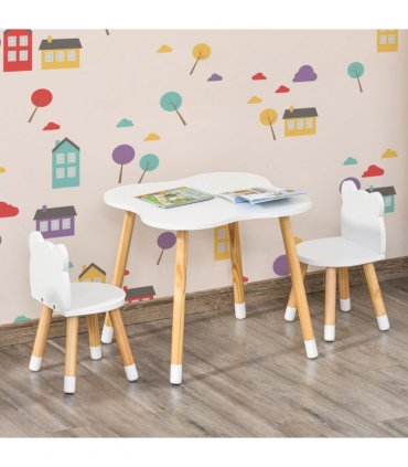 HOMCOM 3 Piece Kids Table and Chair Set with 2 Bear-shaped Chairs, White