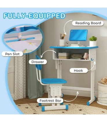 HOMCOM Kids Desk and Chair Set w/ Drawer, Book Stand, Pen Slot, Blue