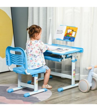 HOMCOM Kids Study Desk and Chair Set w/ USB Lamp, Adjustable Height, Blue