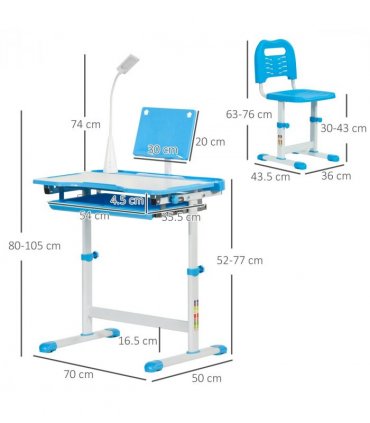 HOMCOM Kids Study Desk and Chair Set w/ USB Lamp, Adjustable Height, Blue