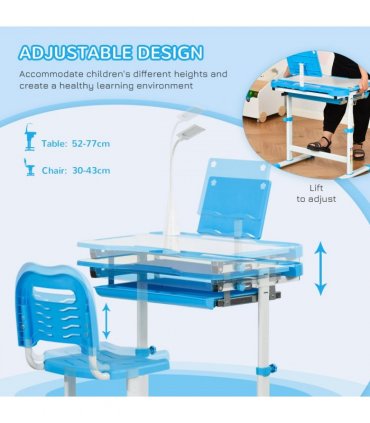 HOMCOM Kids Study Desk and Chair Set w/ USB Lamp, Adjustable Height, Blue