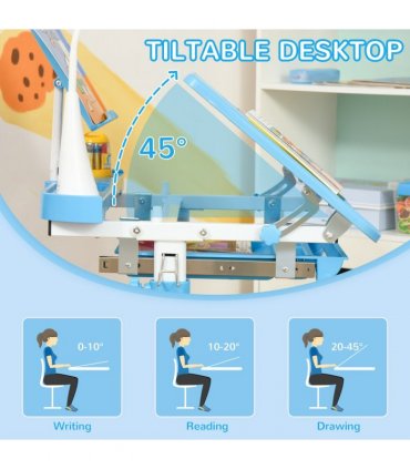HOMCOM Kids Study Desk and Chair Set w/ USB Lamp, Adjustable Height, Blue