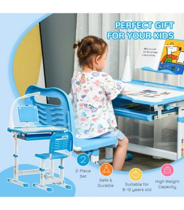 HOMCOM Kids Study Desk and Chair Set w/ USB Lamp, Adjustable Height, Blue