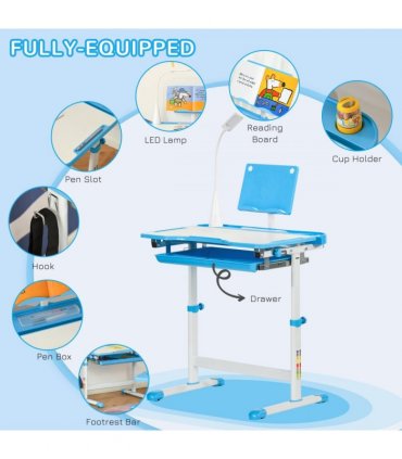 HOMCOM Kids Study Desk and Chair Set w/ USB Lamp, Adjustable Height, Blue