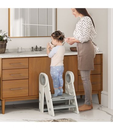 AIYAPLAY Toddler Tower, Foldable & Adjustable, with Handle, Non-Slip, Grey