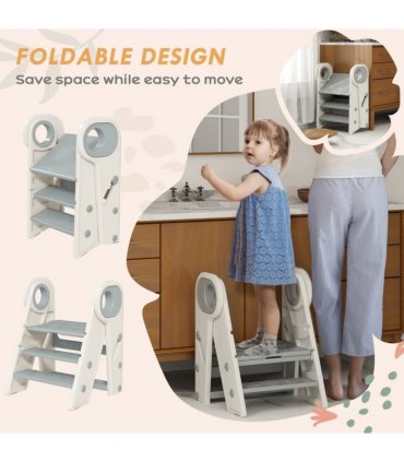 AIYAPLAY Toddler Tower, Foldable & Adjustable, with Handle, Non-Slip, Grey