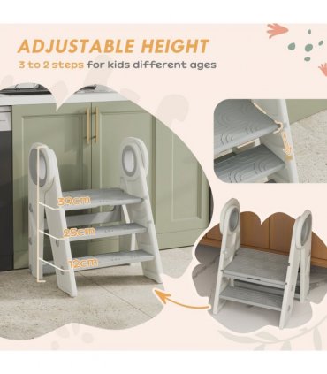 AIYAPLAY Toddler Tower, Foldable & Adjustable, with Handle, Non-Slip, Grey